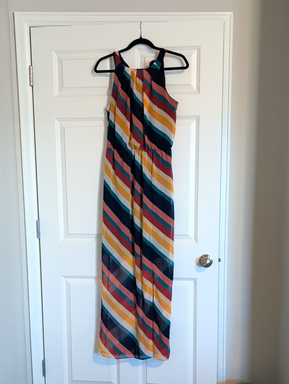 Striped Halter Maxi Dress in Teal, Mustard & Coral